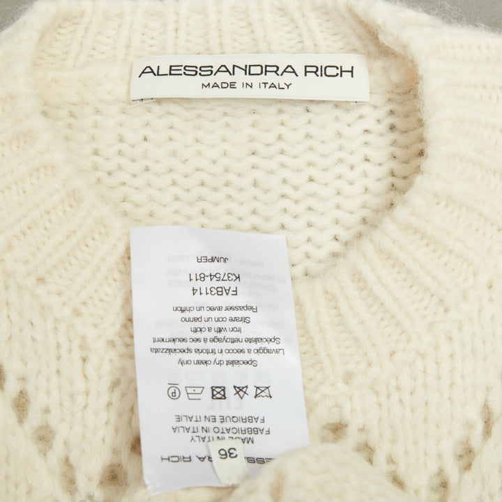 ALESSANDRA RICH 2023 fruit embroidered pointelle knit ivory alpaca top IT36 XS