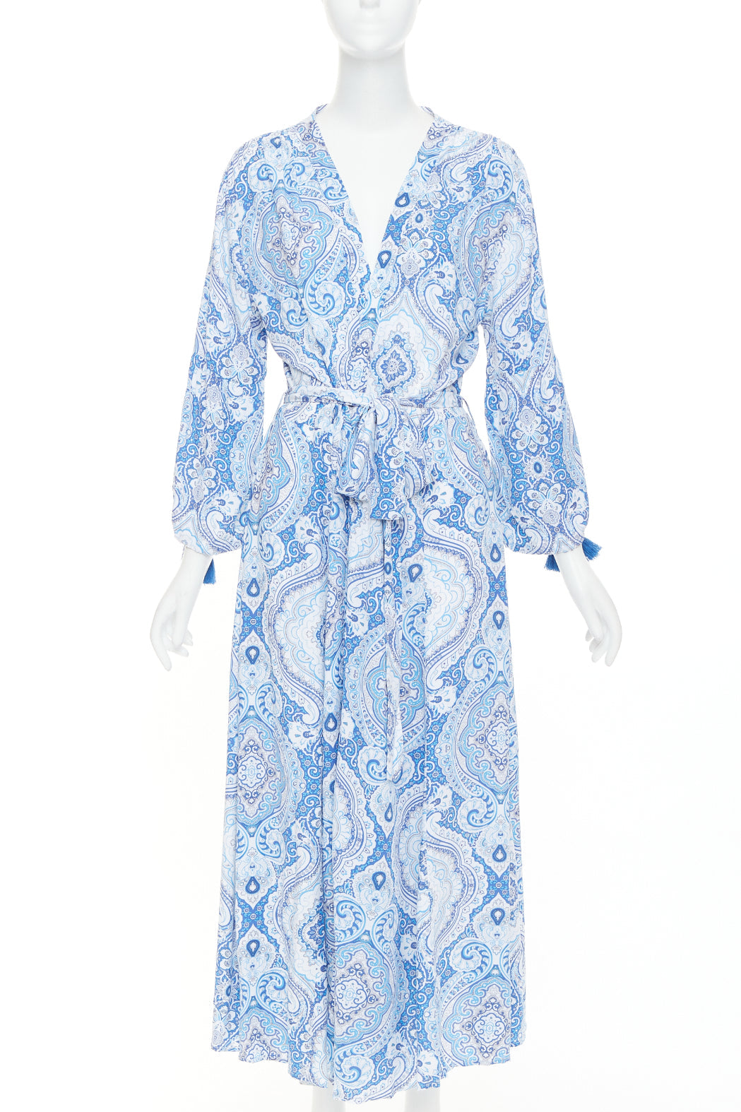 MELISSA ODABASH Gabby blue white floral paisley print viscose  kaftan dress S