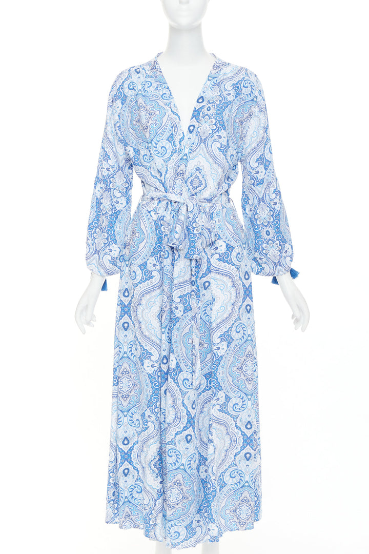 MELISSA ODABASH Gabby blue white floral paisley print viscose  kaftan dress S