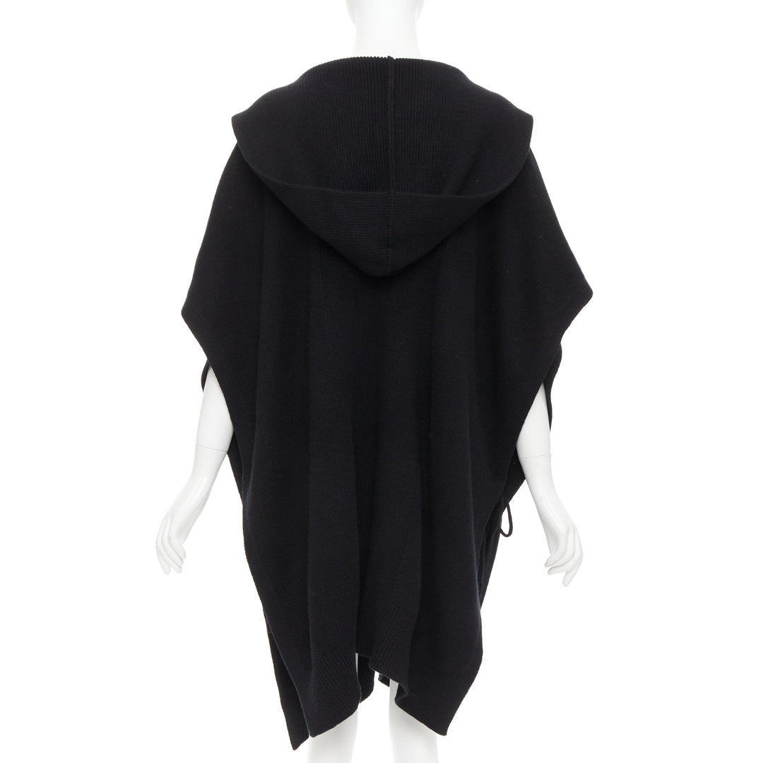 HERMES 100% cashmere black hooded rectangular poncho cardigan coat TU