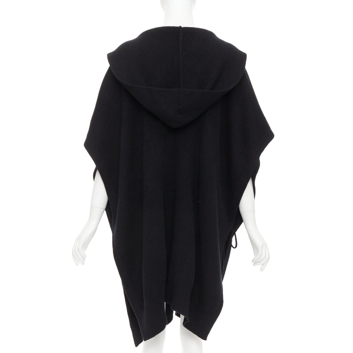 HERMES 100% cashmere black hooded rectangular poncho cardigan coat TU