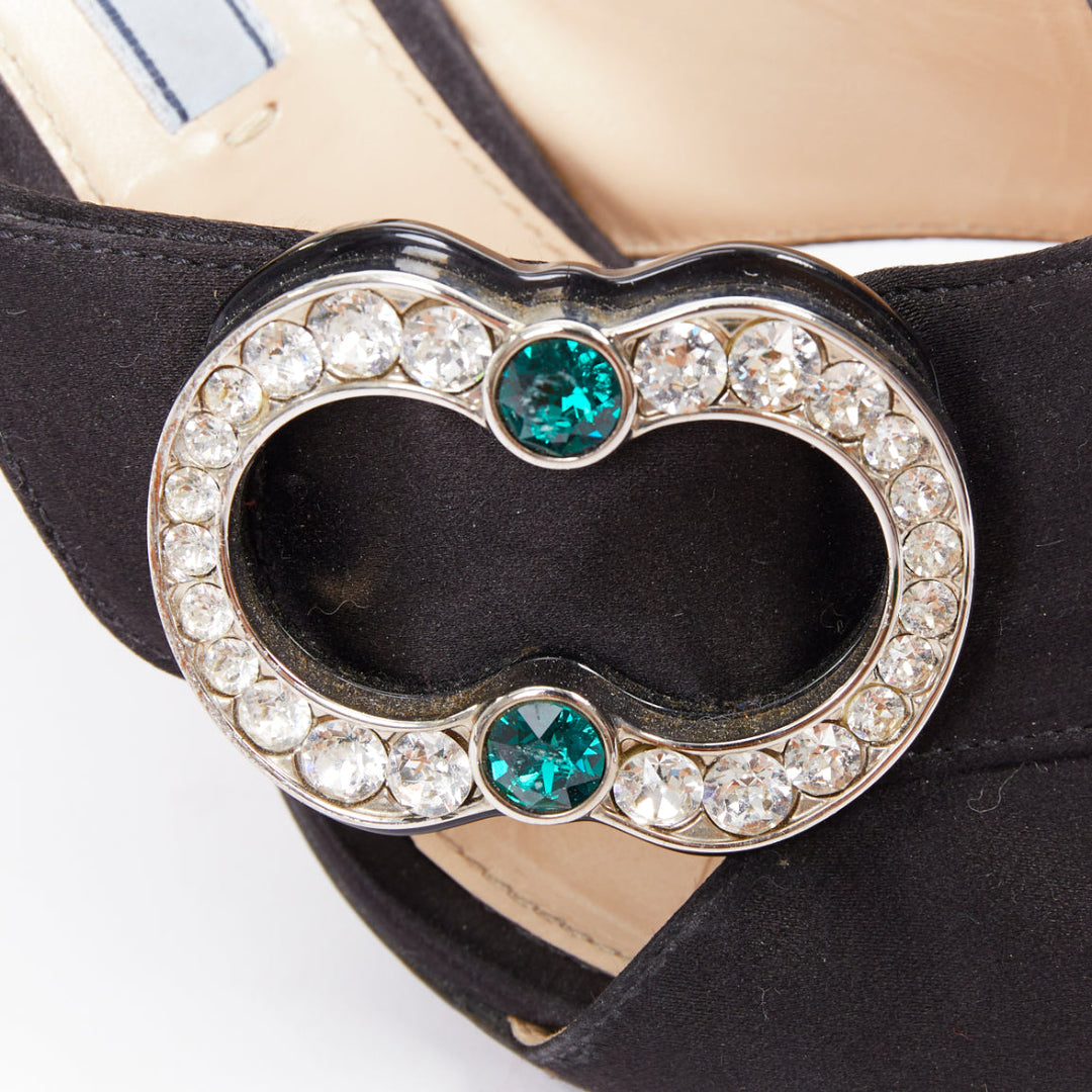 PRADA black satin green clear crystal buckle open toes muled sandals EU36.5