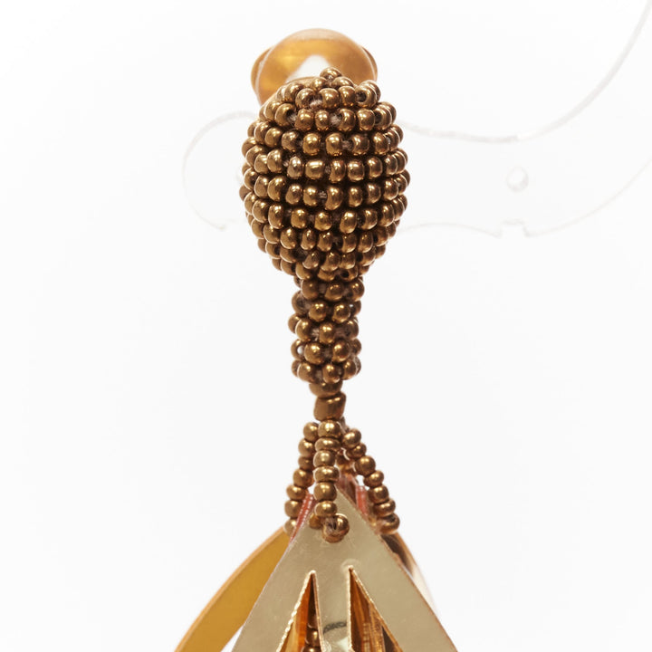 OSCAR DE LA RENTA gold acrylic petals beads floral statement clip earrings Pair