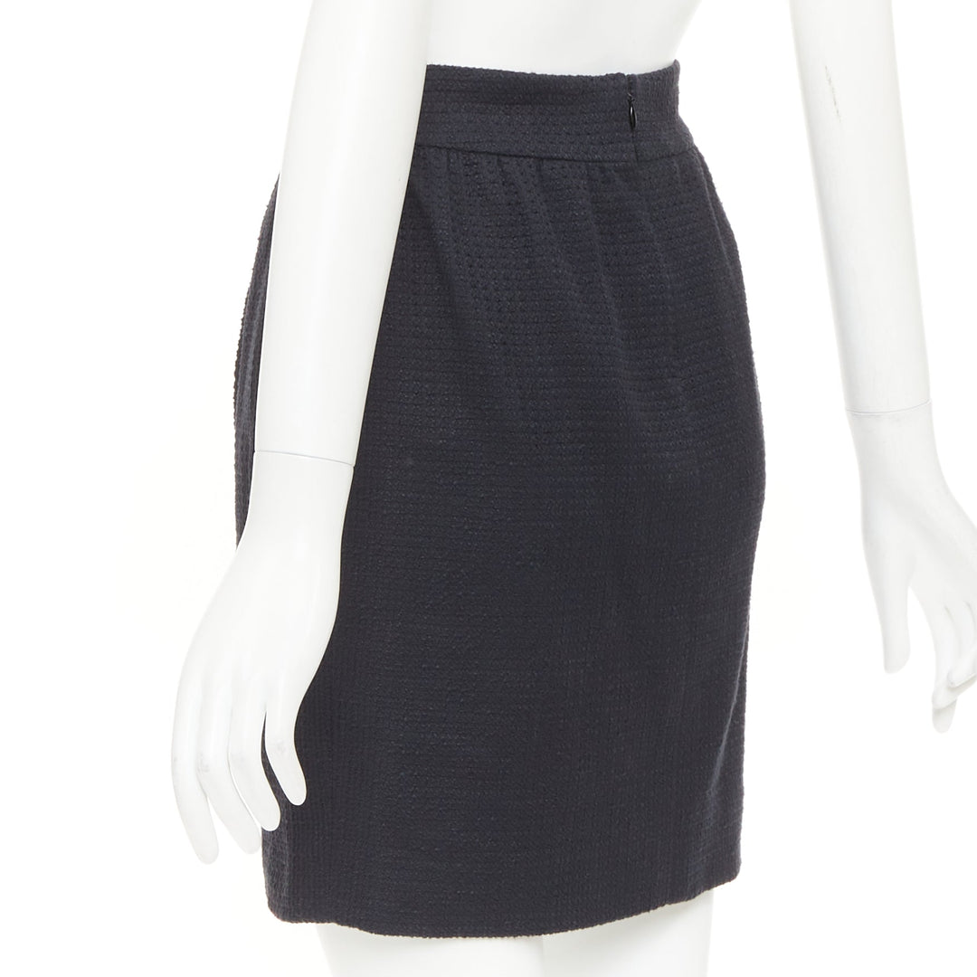 CHANEL 07C black cotton tweed ruched waist silk lined mini skirt FR36 S
