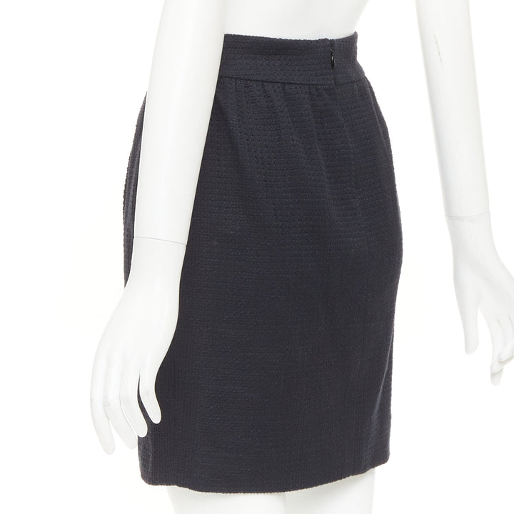 CHANEL 07C black cotton tweed ruched waist silk lined mini skirt FR36 S