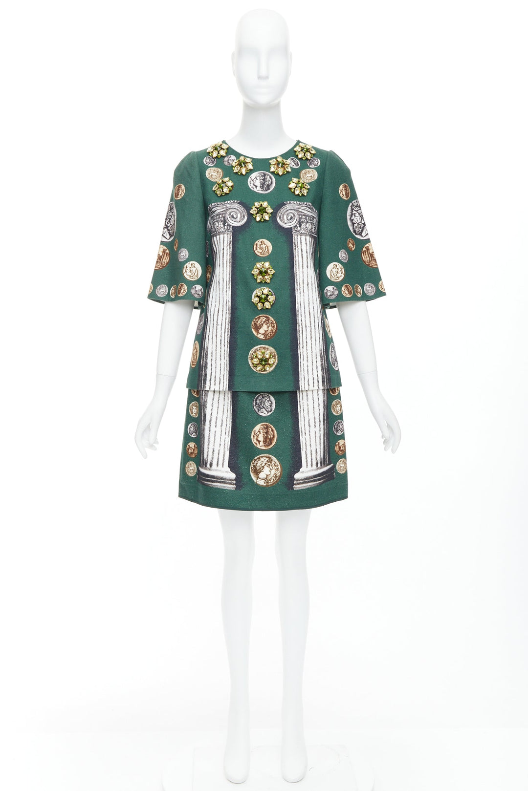 DOLCE GABBANA 2014 Runway green roman coin column bejeweled skirt set IT38 XS