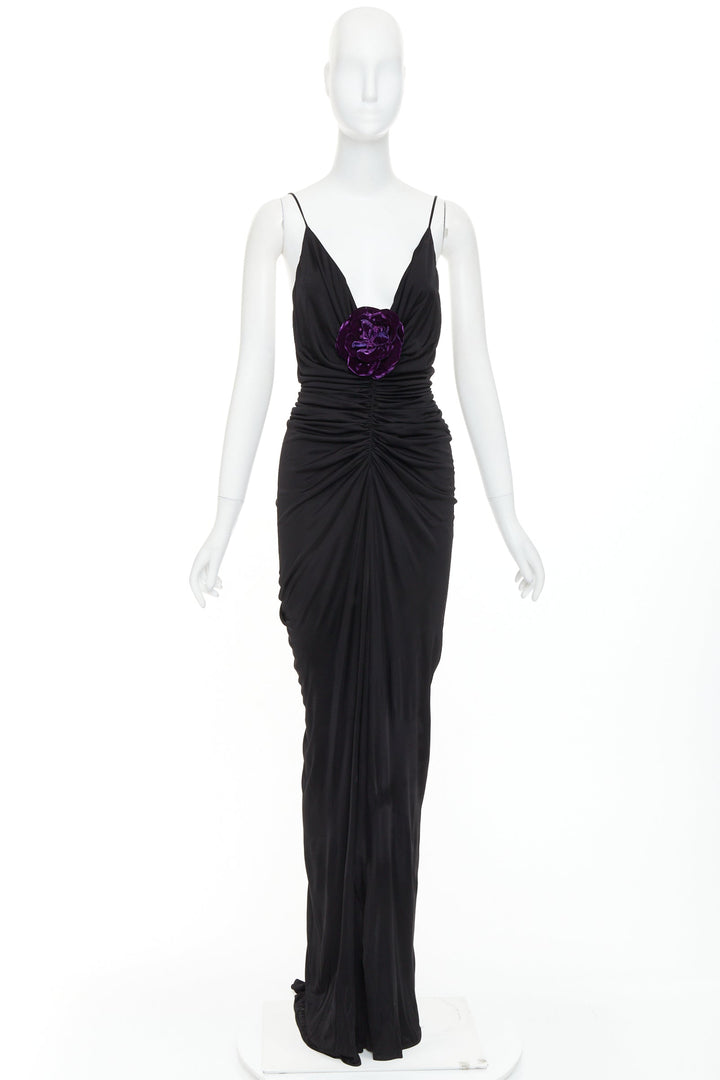 rare SAINT LAURENT 2022 Runway purple Wild Rose applique ruched plunge gown S