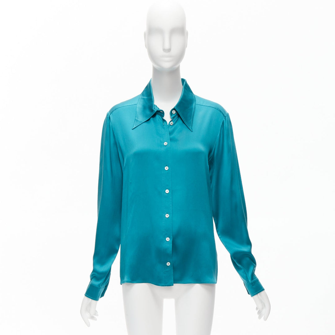GUCCI Tom Ford 1995 Vintage blue silk long sleeve wide collar shirt IT46 XL Mad