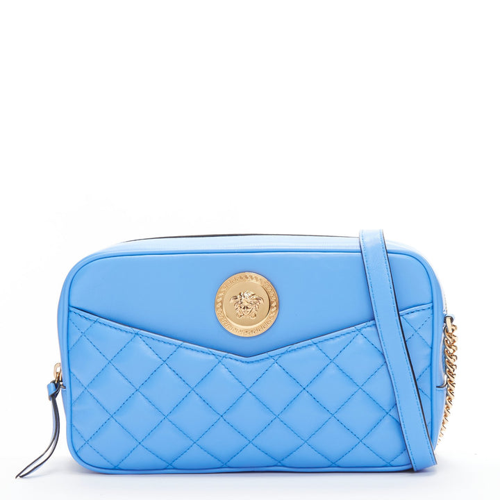 VERSACE blue lambskin leather quilted gold Medusa chain crossbody bag Medium