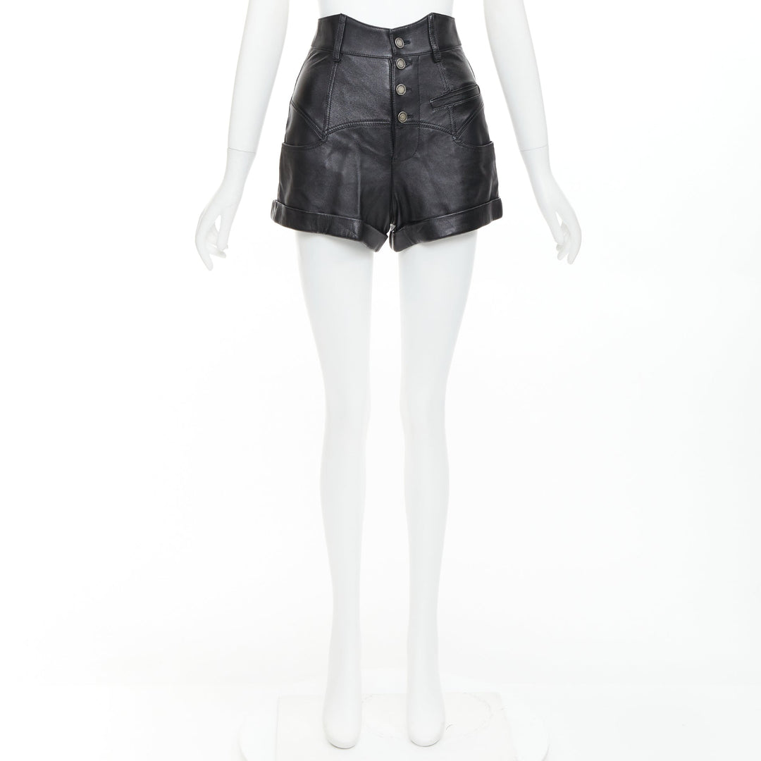 SAINT LAURENT 2019 black lambskin high waisted cuffed western shorts FR34 XS