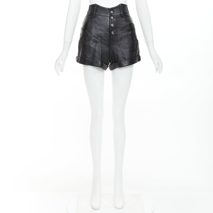 SAINT LAURENT 2019 black lambskin high waisted cuffed western shorts FR34 XS