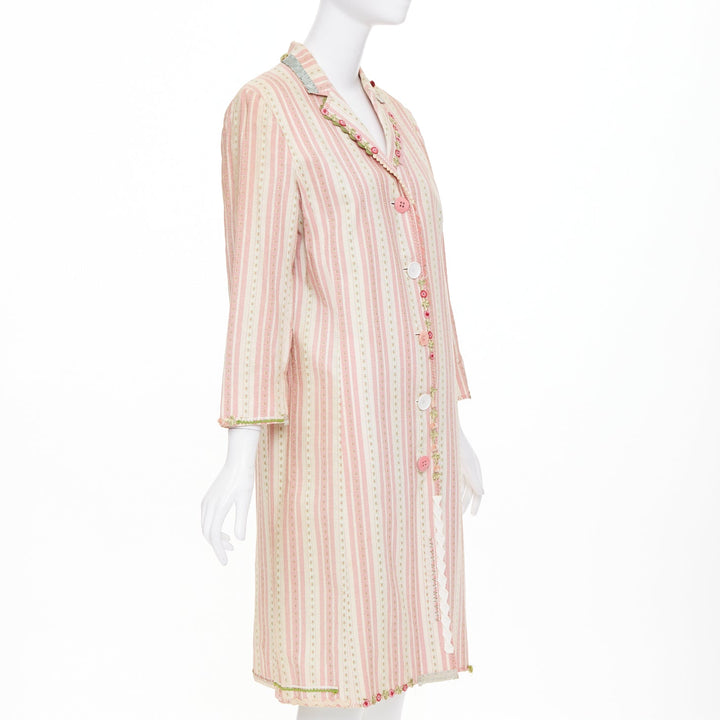 MOSCHINO Cheap and Chic pink beige striped floral trim cotton long coat IT46 XL