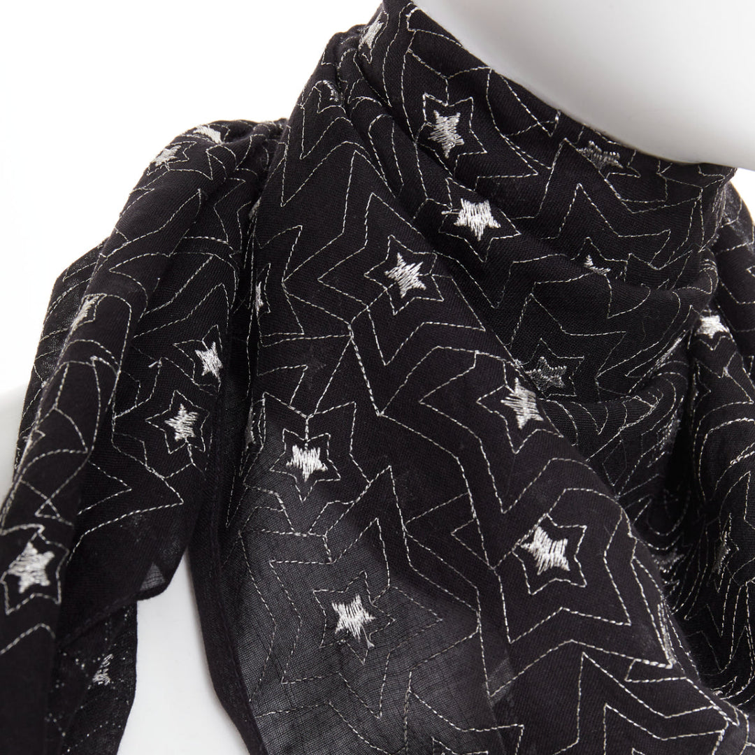 SAINT LAURENT black silver star embroidery lightweight square scarf