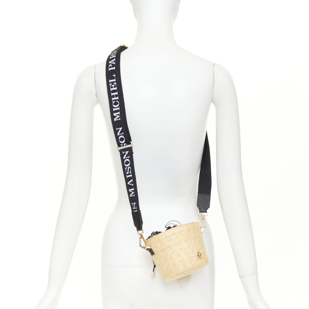 MAISON MICHEL 2024 Cassie Bucket beige raffia nylon monogram strap crossbody bag