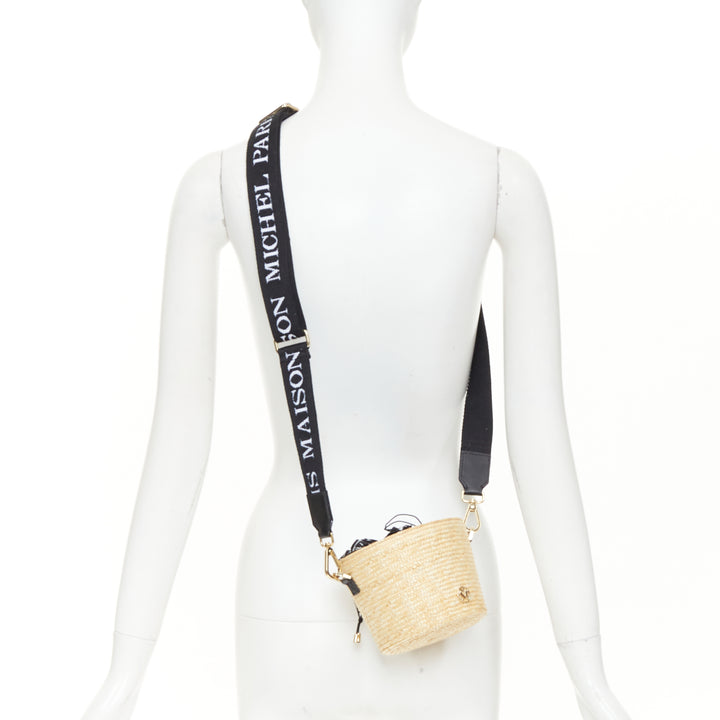 MAISON MICHEL 2024 Cassie Bucket beige raffia nylon monogram strap crossbody bag