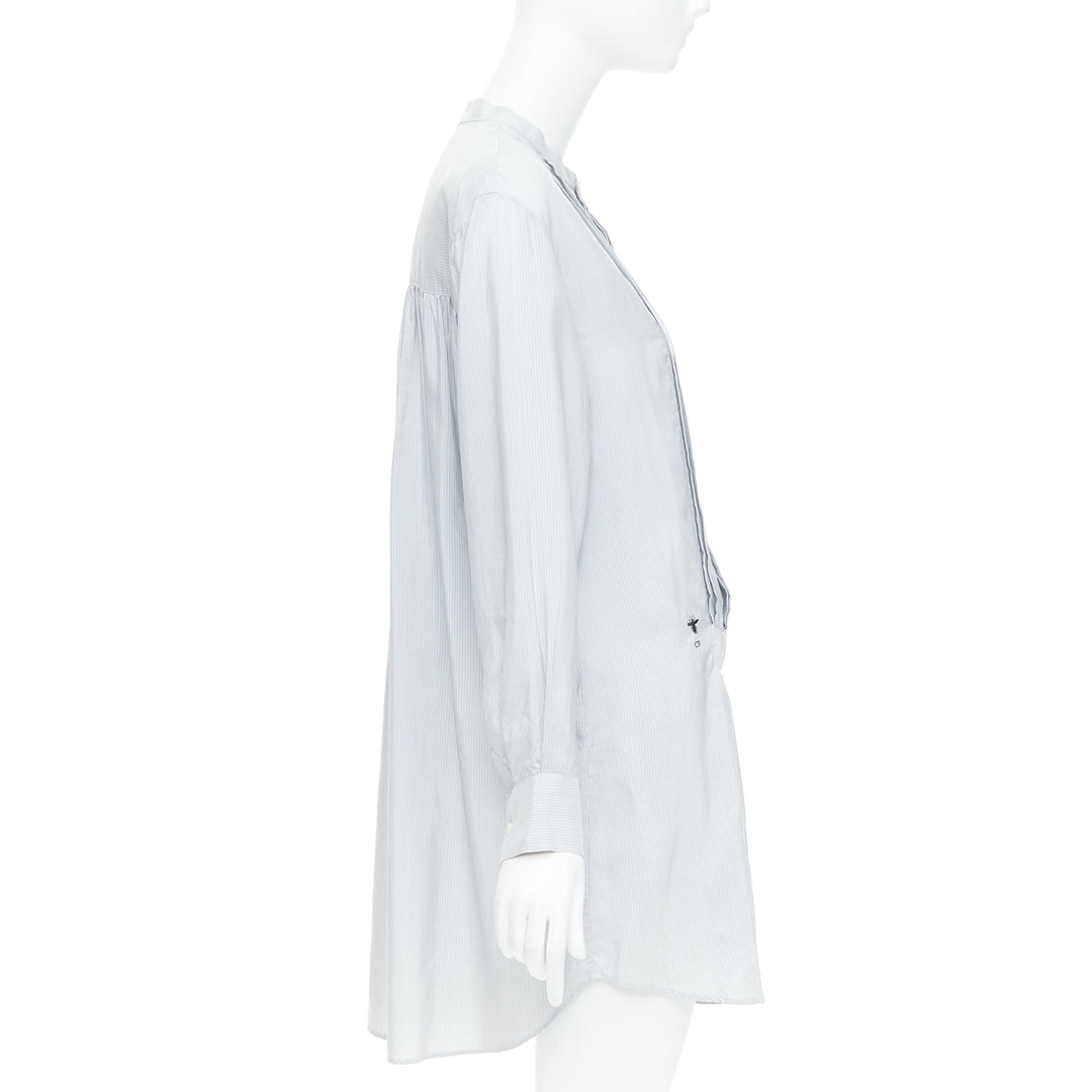 CHRISTIAN DIOR blue 100% silk CD bee embroidery button down shirt dress FR36 S