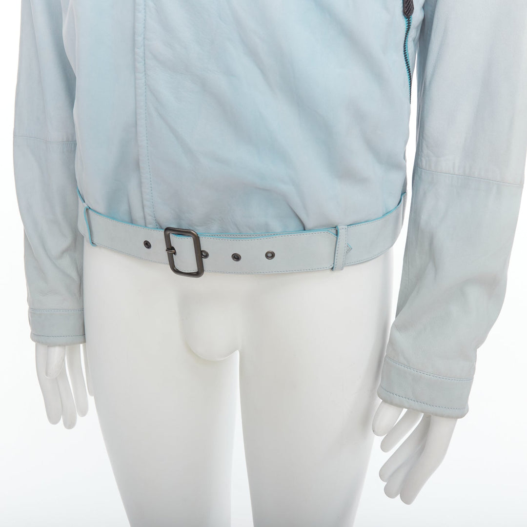 BOTTEGA VENETA light blue soft leather off centre biker jacket IT50 L