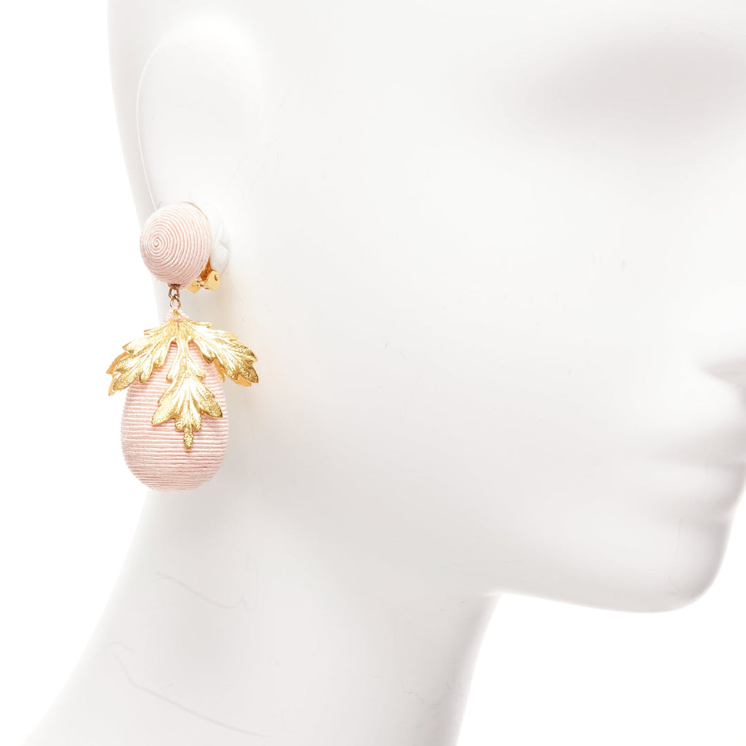 REBECCA DE RAVENEL pink applique gold metal leaf drop clip on earrings