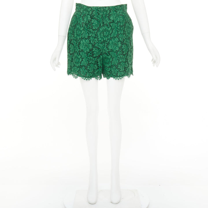 VALENTINO green floral guipure lace silk lined high waist mini shorts IT44 L