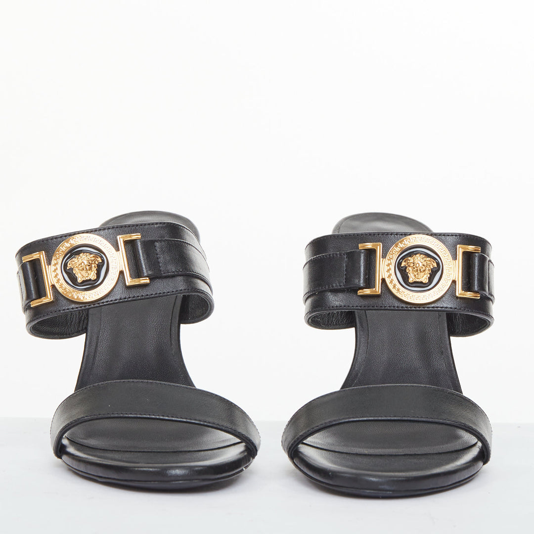 VERSACE Medusa Tribute gold buckle black leather high heel sandal EU38