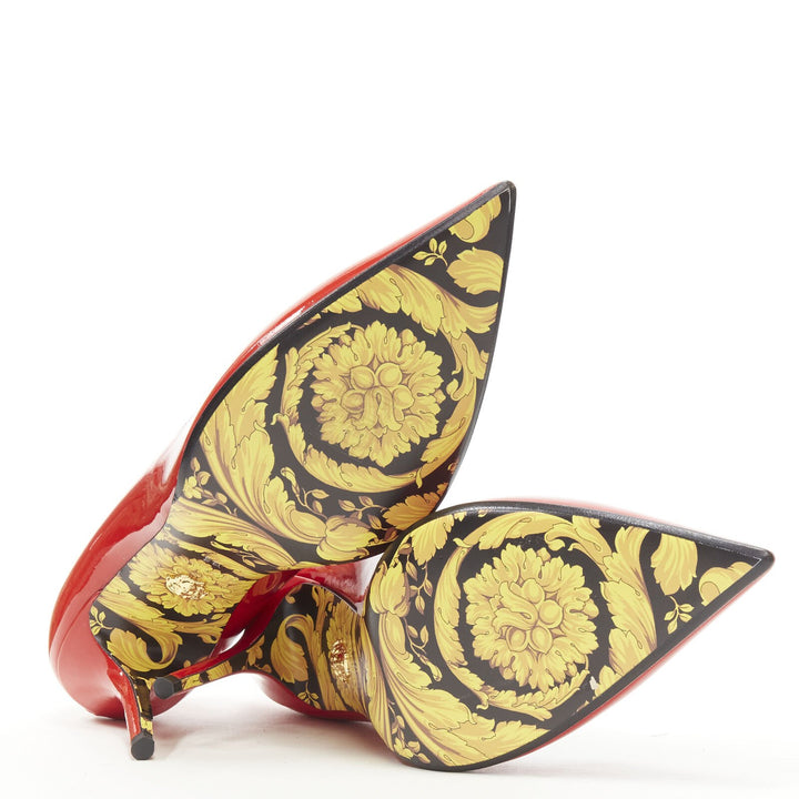 VERSACE Hibiscus Barocco gold sole red patent Medusa stud pump EU38.5