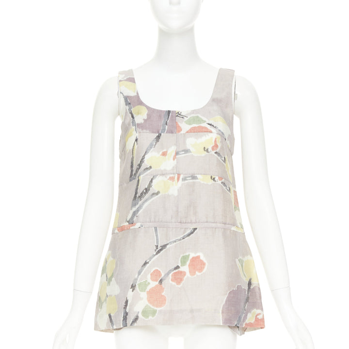 MARNI light grey ramie blend muted floral print panelled scoop neck top IT38 XS
