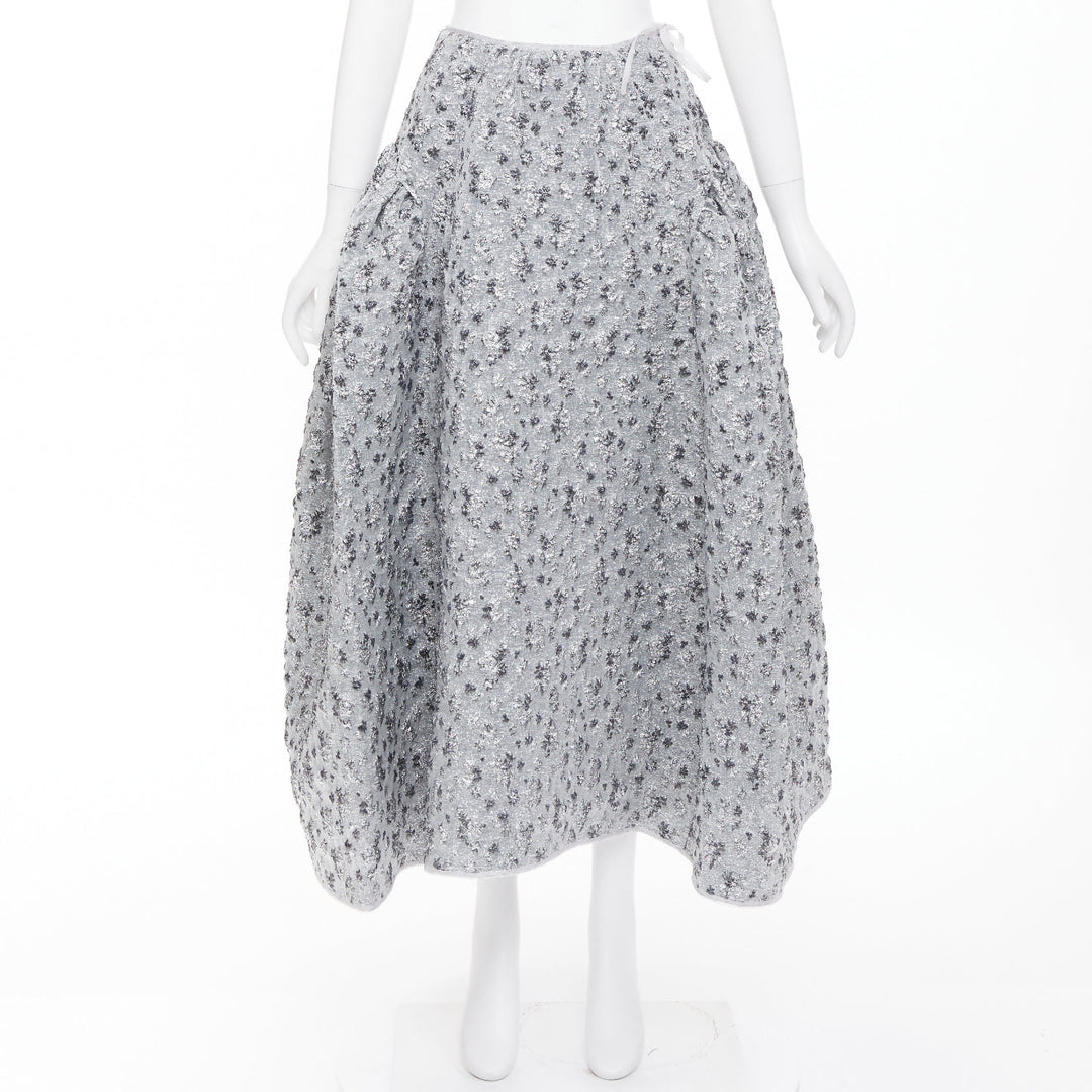 CECILIE BAHNSEN 2021 silver metallic cloque overlay flared midi skirt UK6 XS