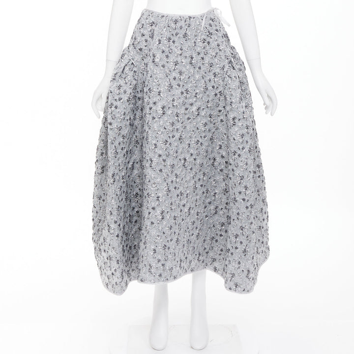 CECILIE BAHNSEN 2021 silver metallic cloque overlay flared midi skirt UK6 XS