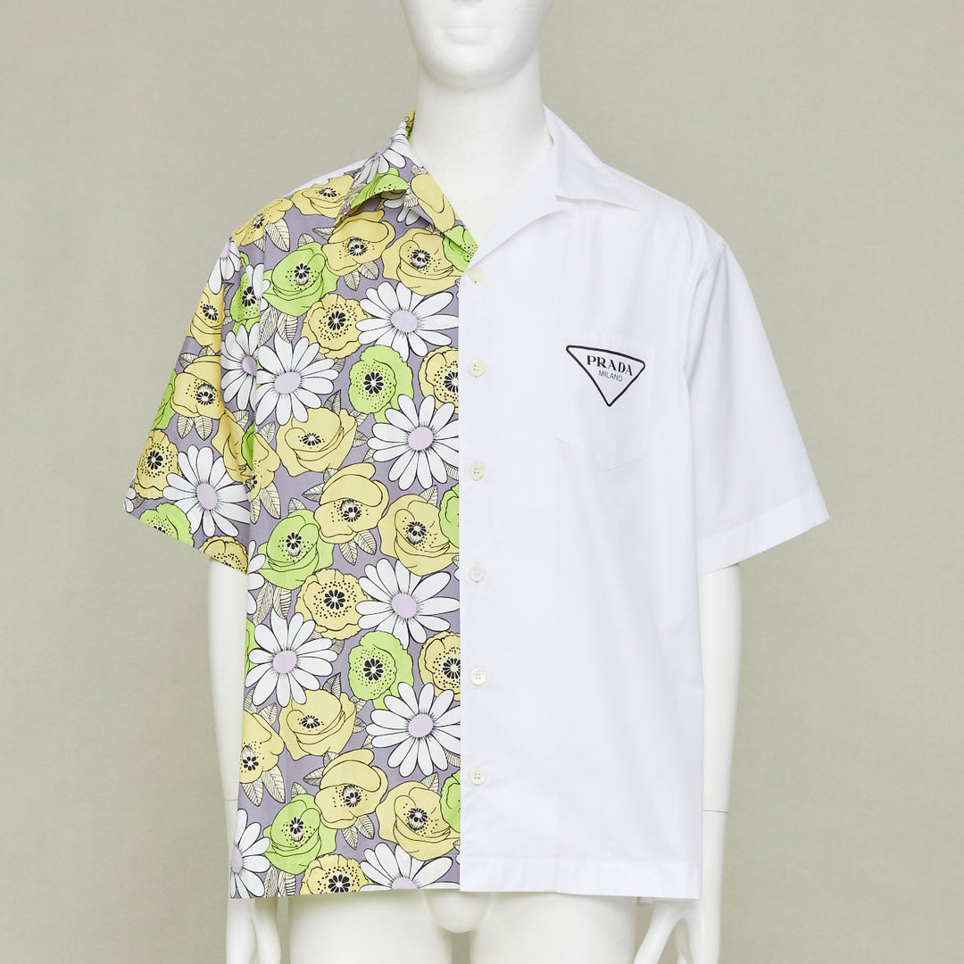 PRADA 2021 Runway Double Match Blossom daisy floral split cotton bowling shirt L