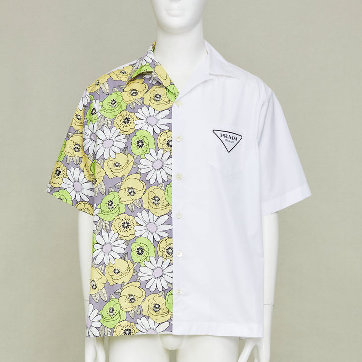 PRADA 2021 Runway Double Match Blossom daisy floral split cotton bowling shirt L