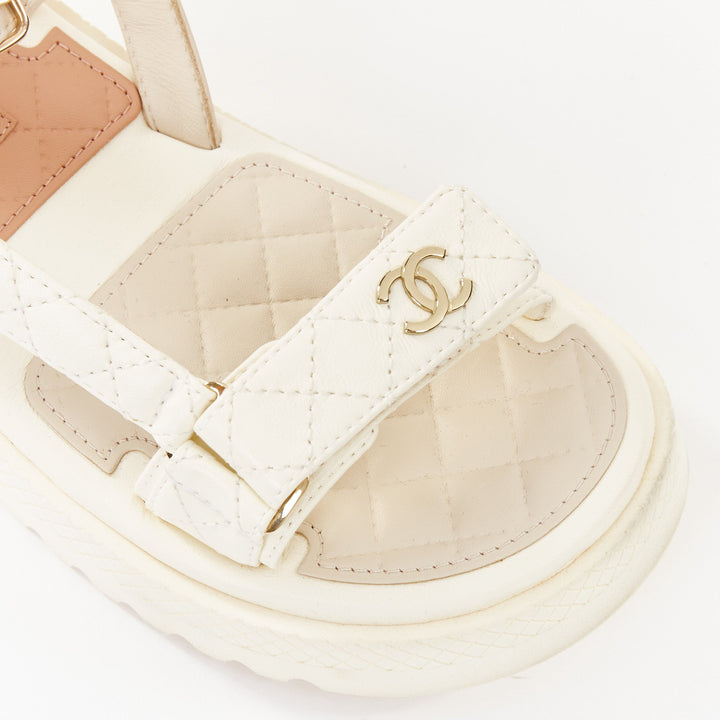 CHANEL 2023 white quilted canvas CC logo flatform strappy dad sandals EU38