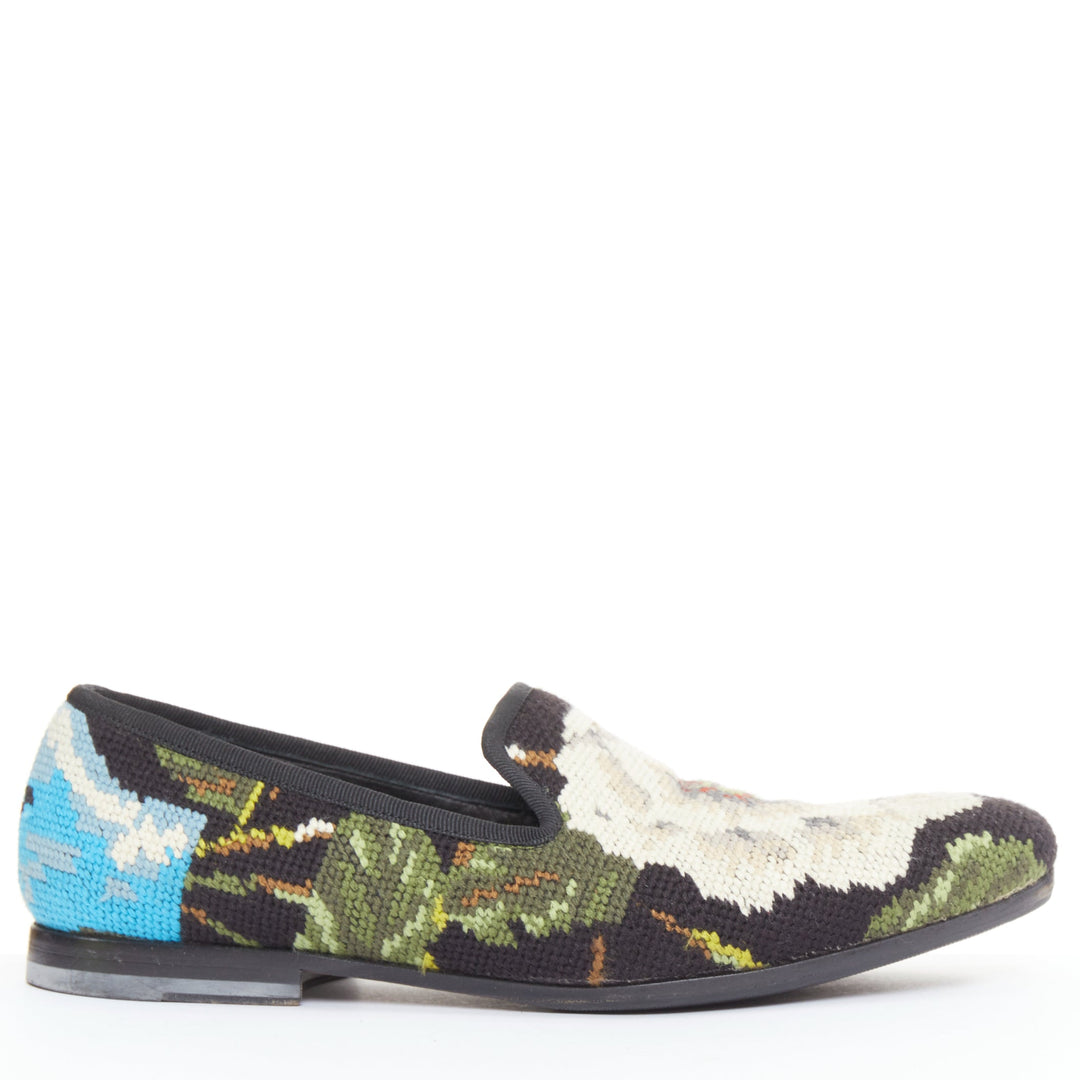 ALEXANDER MCQUEEN 2012 floral needlepoint textile evening slipper loafers EU43