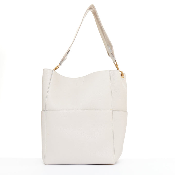OLD CELINE Seau Sangle off white grey calfskin wool canvas strap bucket bag