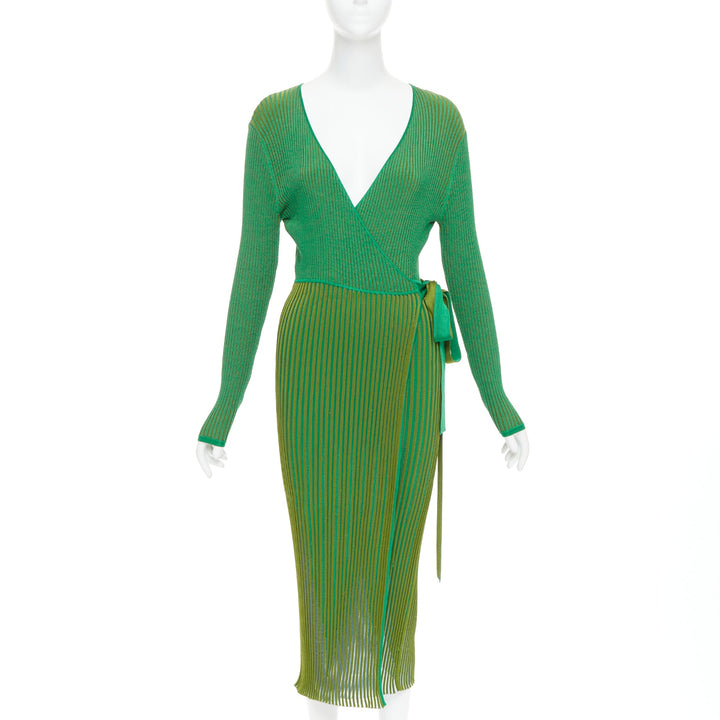 DIANE VON FURSTENBERG green ribbed deep V long wrap dress S