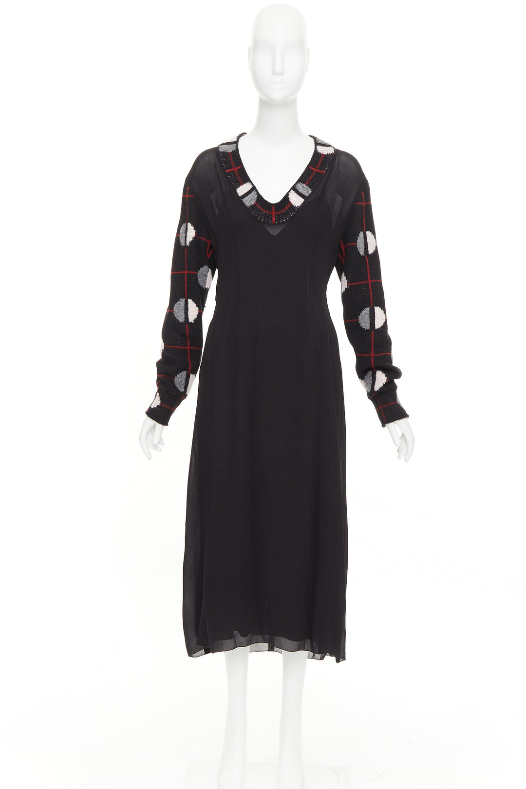 PRADA 2021 Runway black sable checkered wool sleeves V-neck midi dress IT38 XS
