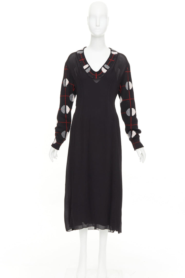 PRADA 2021 Runway black sable checkered wool sleeves V-neck midi dress IT38 XS