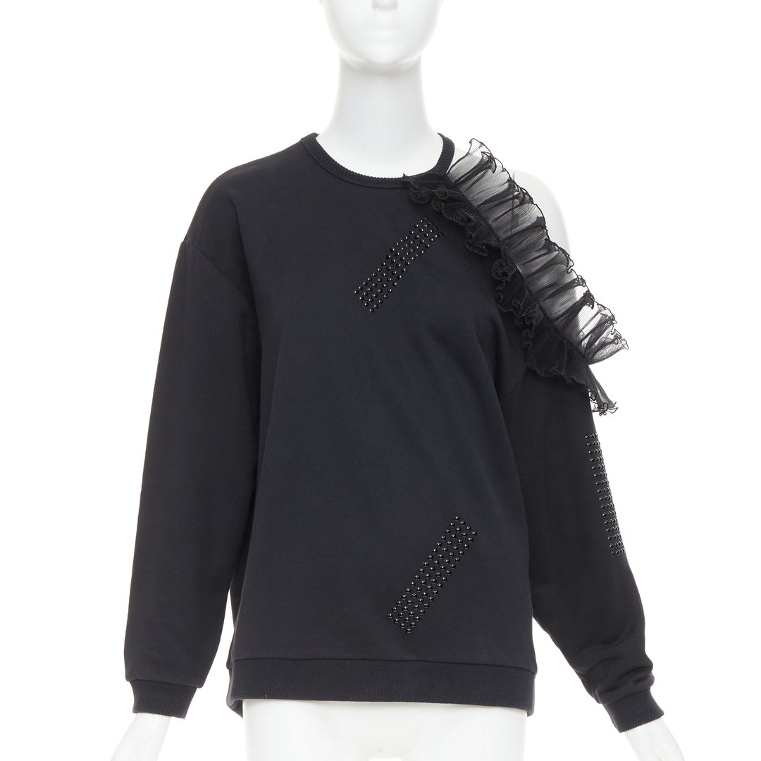 CHRISTOPHER KANE black cotton ruffle frill cut out shoulder studded sweatshirt S