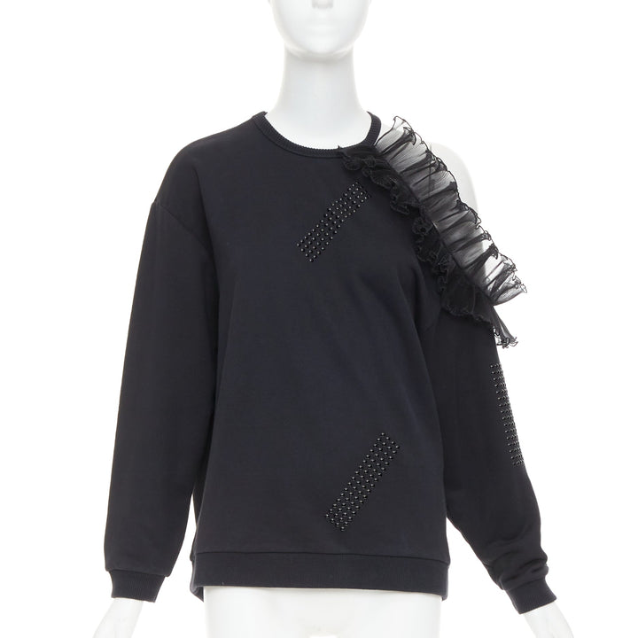 CHRISTOPHER KANE black cotton ruffle frill cut out shoulder studded sweatshirt S