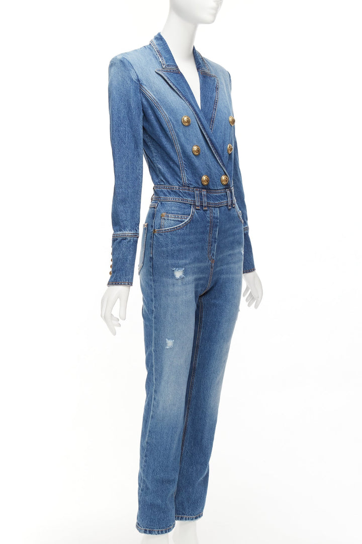 BALMAIN blue washed distressed denim gold double breasted jumpsuit FR34 XS
