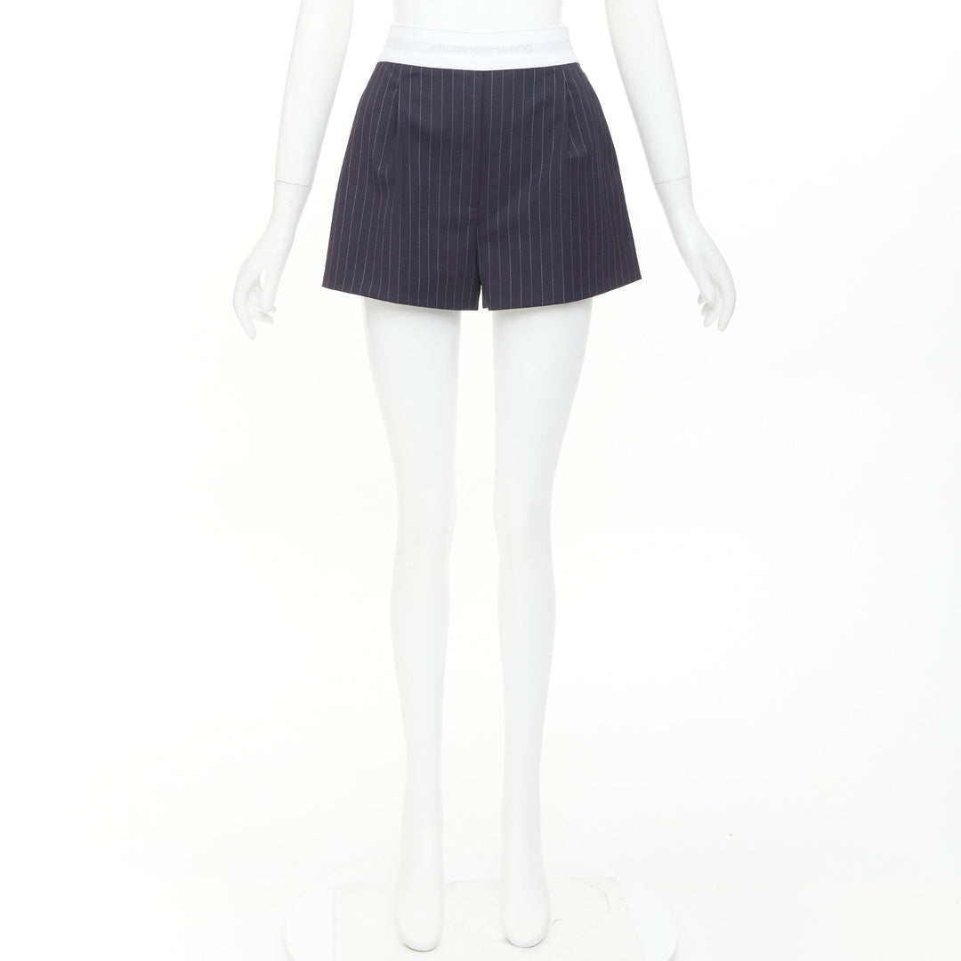 ALEXANDER WANG navy pinstripe white grey logo waistband shorts US0 XS