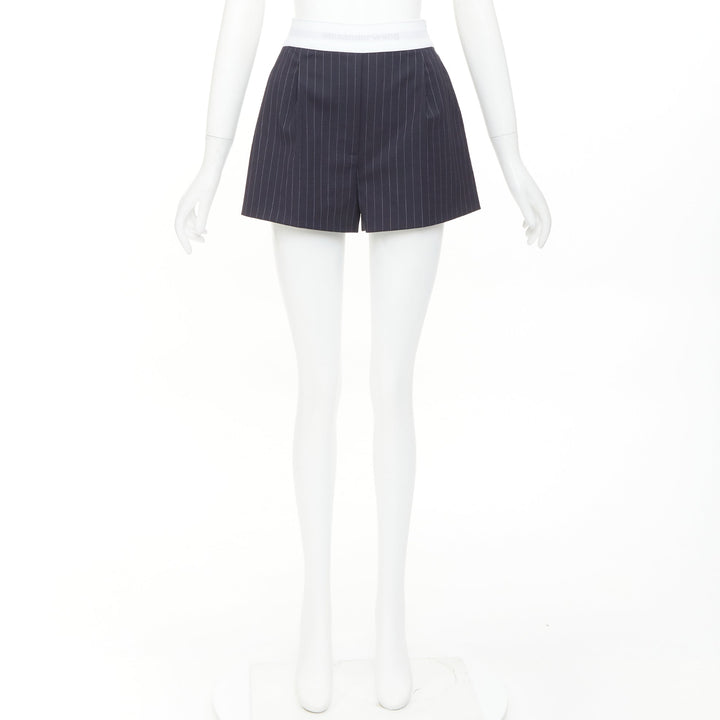 ALEXANDER WANG navy pinstripe white grey logo waistband shorts US0 XS
