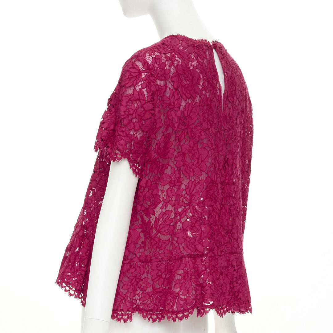 VALENTINO raspberry pink floral lace semi sheer peplum short sleeve top M