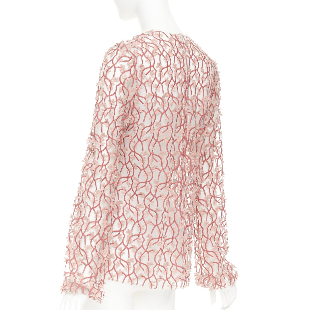 GIAMBATTISTA VALLI pink white petal embroidered treillage sheer top IT40 S