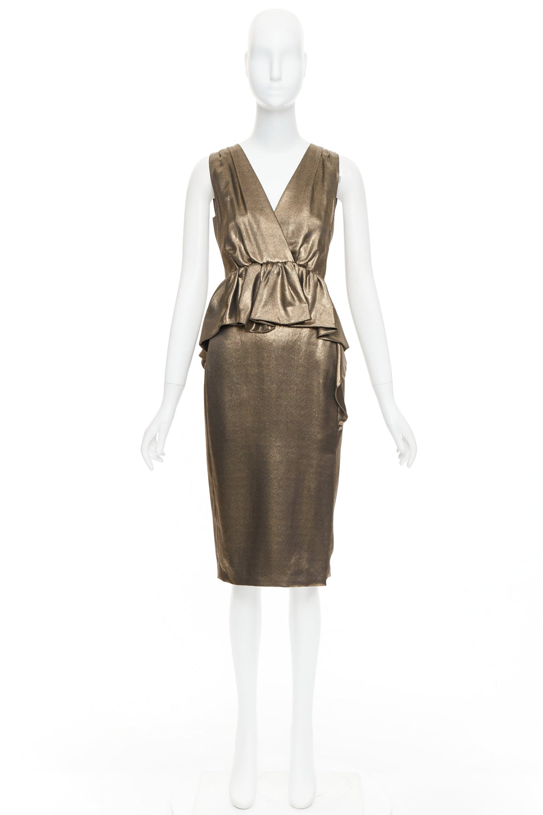 MOSCHINO rustic metallic gold draped peplum V-neck midi cocktail dress IT40 S