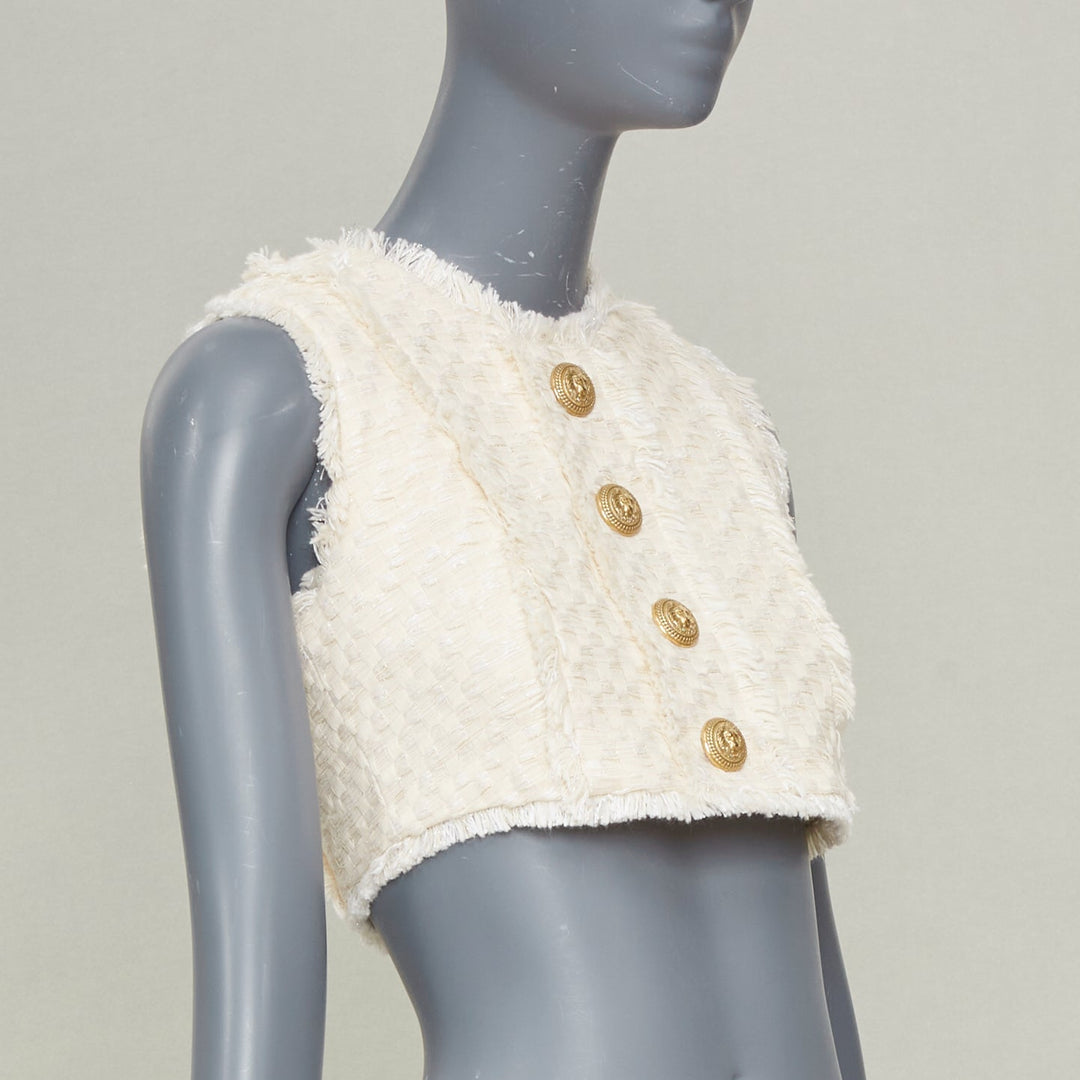 BALMAIN 2023 fringe tweed lion button sleeveless crop cropped gilet vest FR36 S