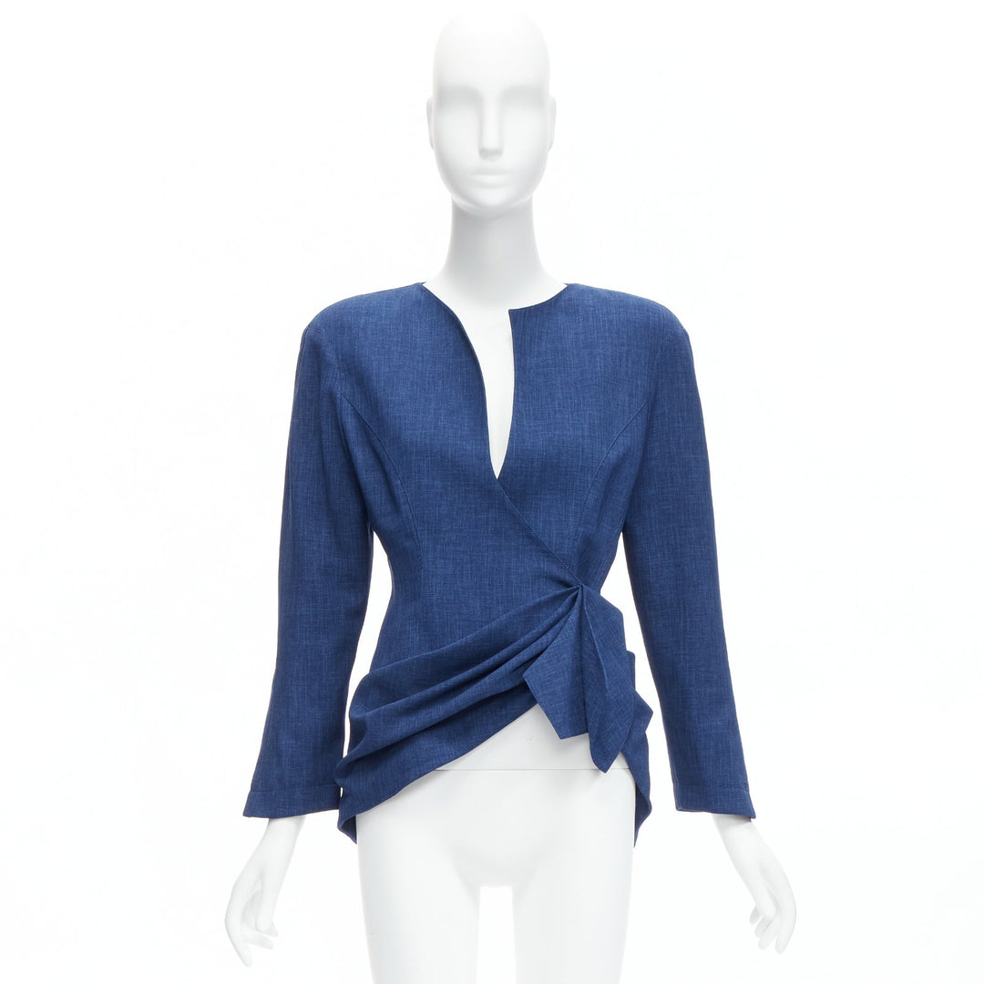 THIERRY MUGLER Vintage blue drape curved collar power blazer jacket 9AR S