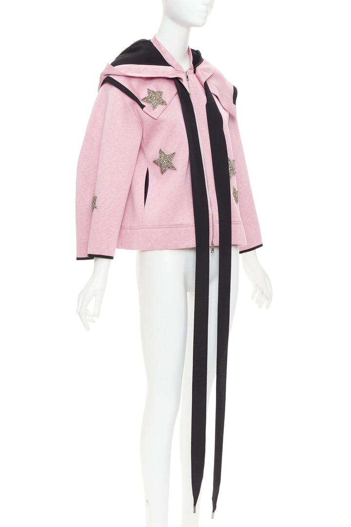 DICE KAYEK pink neoprene beaded star applique ribbon drawstring hoodie IT38 XS
