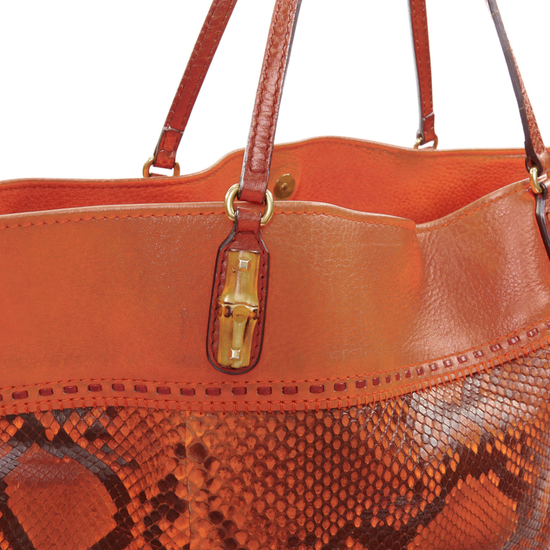 GUCCI Laidback Crafty tan calf leather scaled panel bamboo hardware tote bag