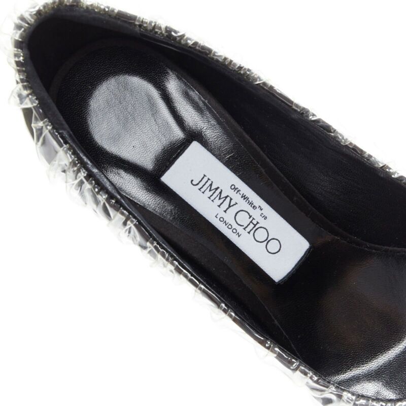 OFF-WHITE JIMMY CHOO black satin point transparent ruche high heel shoes EU38