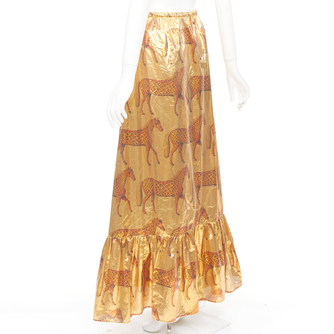GUCCI 2016 horse metallic gold lurex cheetah animal ruffle maxi skirt IT38 XS